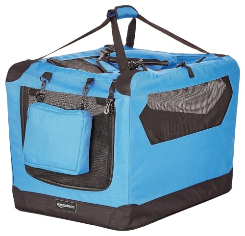 Amazon Basics Portable Soft Pet Dog Crate Carrier Kennel, Foldable, Washable, Up to 25 lbs, 26 x 18 x 18 inches, Blue