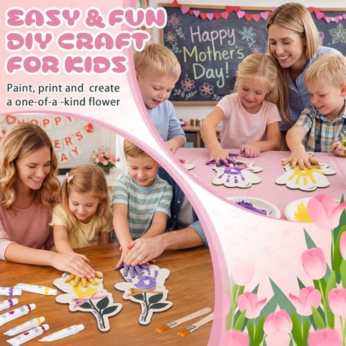 Yousoontic 24 Sets Mother's Day Handprint Kit Unfinished Wooden Flower with Acrylic Paints & Brushes DIY Handmade Gifts fr...