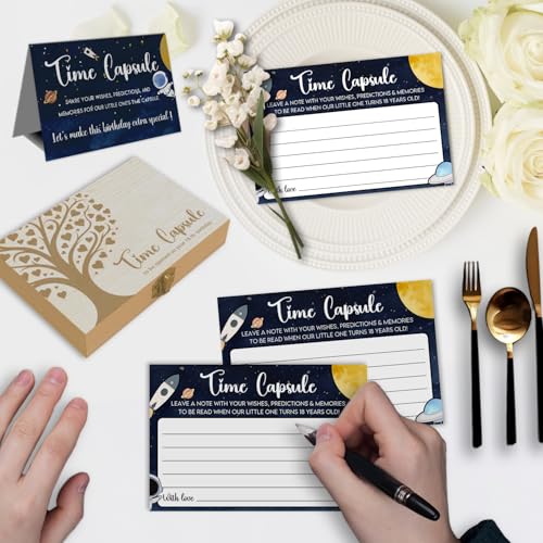 EMNAPH Time Capsule Box for 1st Birthday - Baby's First Birthday Keepsake Kit with 50 Pcs Space Party Games Cards, Child-S...