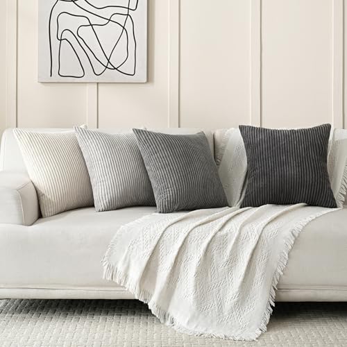 Volcanics Set of 4 Neutral Grey Corduroy Decorative Couch Throw Pillow Covers 18x18 Inch, Western Modern Farmhouse Striped...