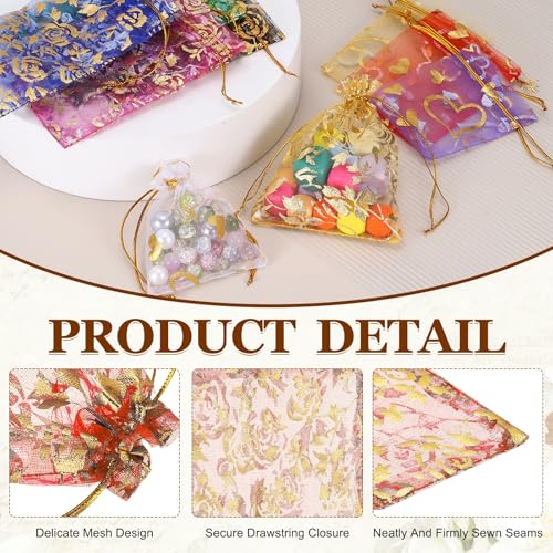 PATIKIL Organza Jewelry Gift Pouch, (4.7 x 3.5 Inch, Red) (50 Pcs) Gold Rose Drawstring Mesh Candy Pouch Mini Wedding Favo...