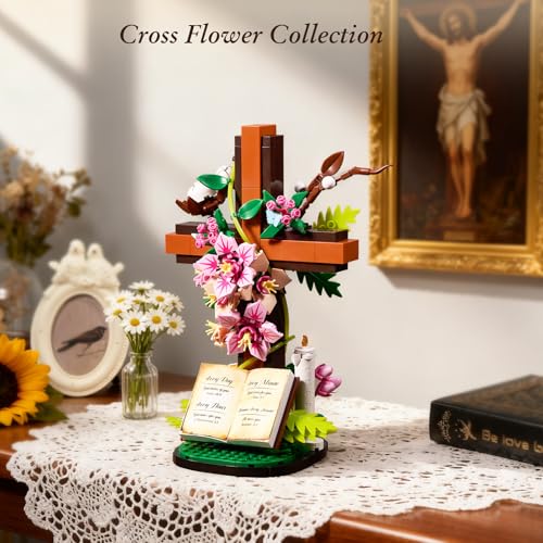 Jesus Cross Flower Building Set, Religious Cross Collectibles Compatible with Lego Jesus Catholic Building Toys, Easter, C...