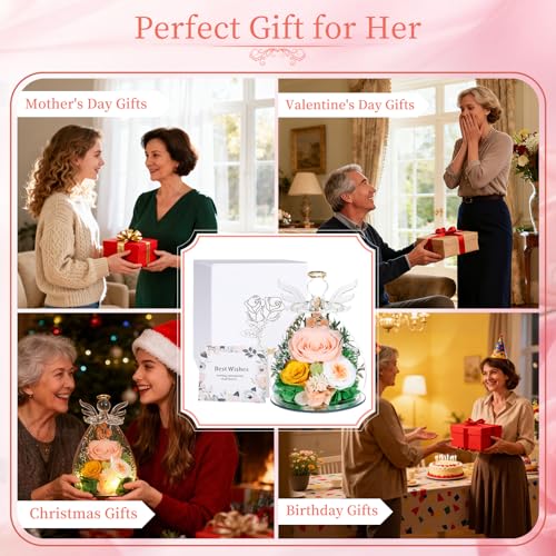 Gifts for Women Preserved Rose Forever Flower Eternal Roses in Glass Angel Figurines Fresh Flowers for Delivery Prime Moth...