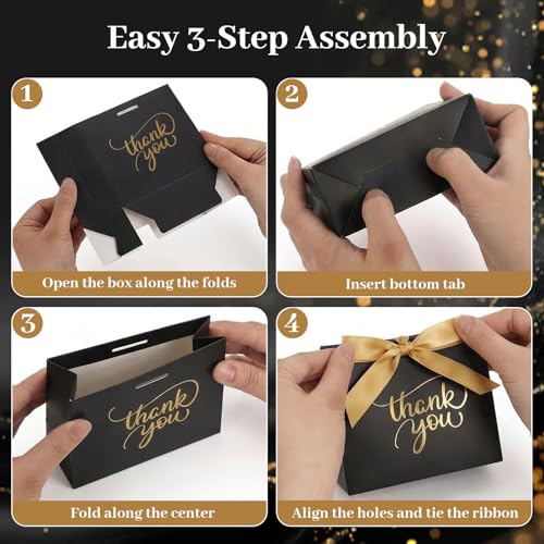 VGOODALL 24PCS Thank You Gift Bags, 4.5x3.9x1.7Inches Mini Party Favor Bags Black Treat Boxes with Bow Ribbon for Wedding ...