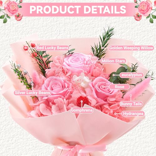 Gnifot Preserved Flowers Bouquet, Flowers for Delivery,Handmade Pink Rose Bouquets Lasting 3-5 Years, Luxury Gift Box,Birt...