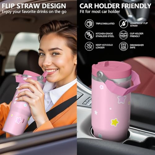 Hurig Tumbler for Adults Water Bottle Double Wall Cups for Kids 30 oz Pink Coffee Mug Stuff Cat Insulated Cup Gifts for Gi...