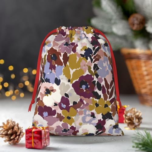 Hayyett Abstract Floral Motif Flower Soft Velvet Christmas Drawstring Bag Reusable Wrapping Sack Xmas Party Present Bag