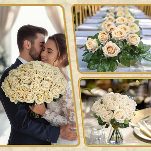100 PCS Fake Champagne Roses, Artificial Champagne Flowers Bulk Realistic Silk Faux Rose with Stems for Wedding Decoration...