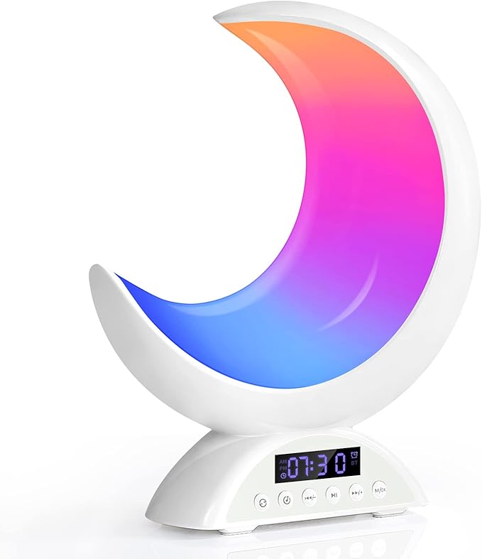 BRNEWO Moon Table Lamp with Time Alarm Clock, RGB Adjustable Light with Bluetooth, with Scene Mode and Music Mode, Warm Wh...
