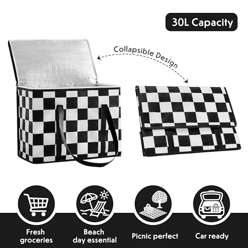 Ohocut Checkered Insulated Grocery Bags 2 Pack, Checkerboard Cooler Shopping Bags for Groceries, Insulated Bags for Food D...