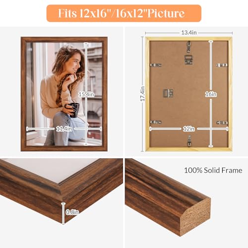 12x16 Picture Frame Brown Wood, Rustic Natural 16x12in Woodgrain Frame, Distressed Brown 12 x 16 inch Gallery Wall Photo P...