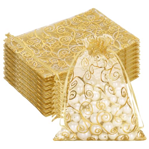 G2PLUS Organza Gift Bags 5x7 Inches - 50Pcs Sheer Mesh Organza Bags with Gold Rattan Printed, Drawstring Tulle Jewelry Pou...