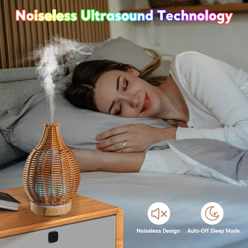 Boho Essential Oil Diffuser for Home Rattan Weaving with Remote Control, 100mL 7 Changing Color Lights Ultrasonic Aroma Hu...