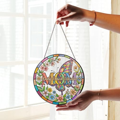 Noni Personalized Grandma Garden Stained Glass Suncatcher, Custom Birth Month Flower Window Hanging Ornament for Mom, Gran...