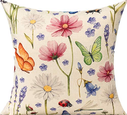 All Smiles Outdoor Patio Throw Pillow Covers 18x18 Set of 4 Spring Summer Garden Flowers Farmhouse Décor Outside Furniture...