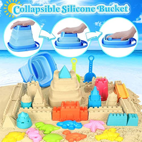 Collapsible Beach Toys for Kids Toddlers, Collapsible Sand Bucket and Shovels Set with Mesh Bag,Travel Sand Castle Buildin...