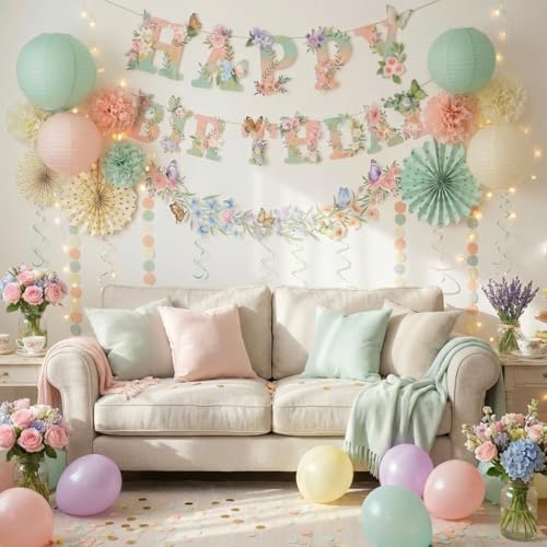 Sage Green Blush Pink Birthday Decorations,Flower Butterfly Happy Birthday Banner, Wildflower Garland,Paper Lanterns Tissu...