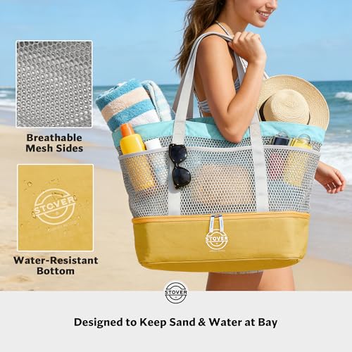 STOVER Extra Large Mesh Beach Bag, Vacation, Pool, Shopping & Travel Tote - Foldable w/Storage Pouch & Pockets for Women, Men