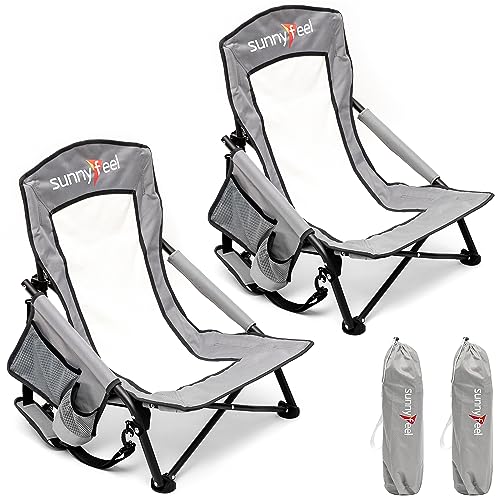SUNNYFEEL Folding Low Camping Beach Chair 2 Pack, Lightweight Portable Lawn Chair with Mesh Back, Cup Holder for Outdoor/T...