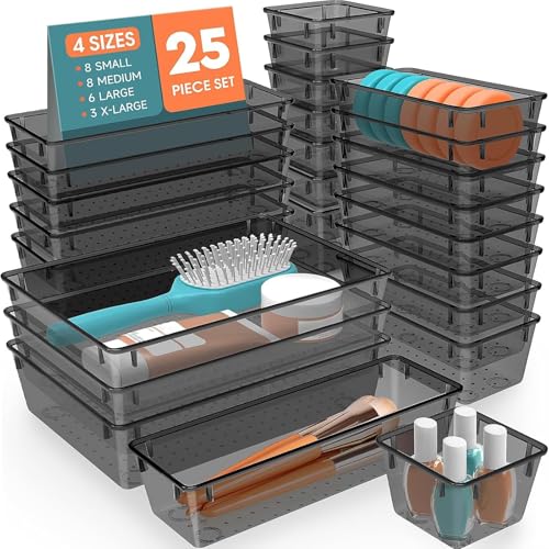 SpaceHacks 25 PCS Plastic Drawer Organizer Set, 4-Size Versatile Organizer Trays & storage Bins for Makeup, Jewelry, and G...
