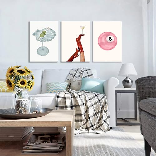 Framed Funky Martini Posters Wall Art Set of 3, Vintage Preppy Aesthetic Canvas Prints, Trendy Pink Number 8 Y2K Girl Room...
