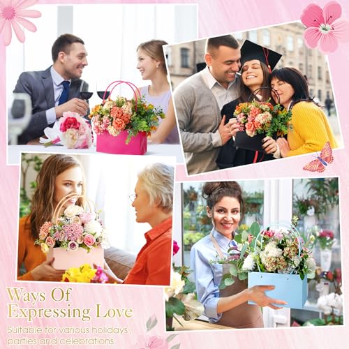 Geyoga 12 Pcs Mother's Day Flower Bags Boxes for Arrangements Kraft Paper Floral Wrapping with Handle Waterproof for Gradu...