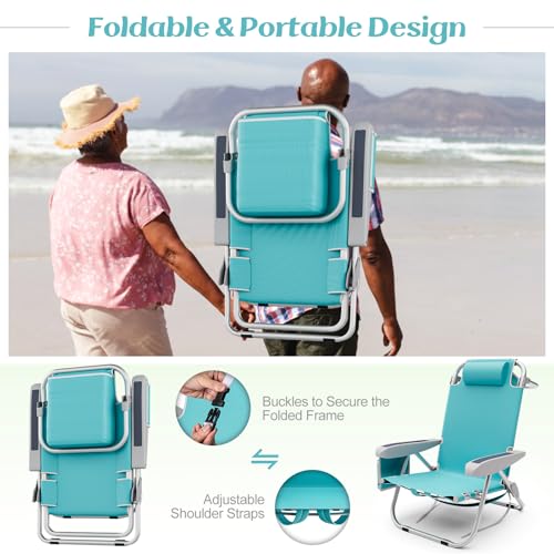 Tangkula Set of 2 Backpack Beach Chair, 5-Position Lightweight Folding Lay Flat Beach Chairs with Storage Bag, 2 Cup Holde...