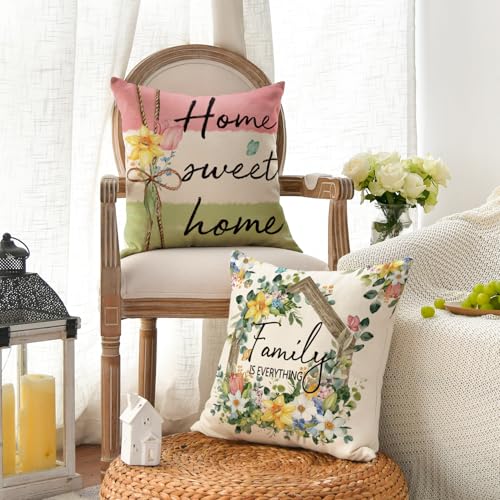 AVOIN colorlife Spring Home Sweet Home Family is Everything Floral Throw Pillow Covers, 18 x 18 Inch Cross Flowers Cushion...