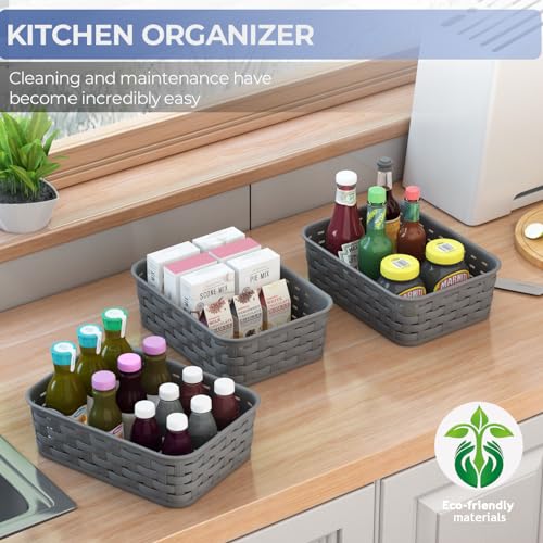 3 Pack Small Plastic Basket, Storage Bin Baskets for Organizing, Pantry Organizer Household Wicker Storage for Laundry Roo...