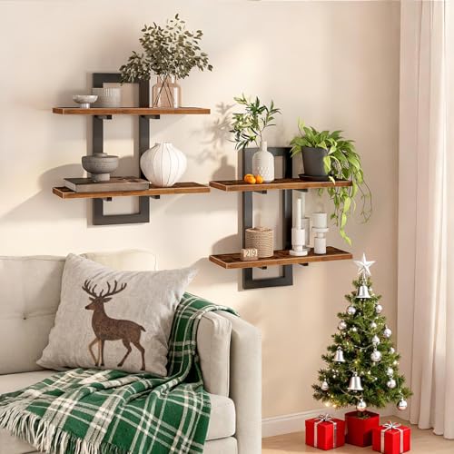 HOOBRO Floating Shelves, 15 Inch Wall Shelf Set of 2, Wall Mounted Storage Shelves 2-Tier, Hanging Bathroom Shelves, for L...