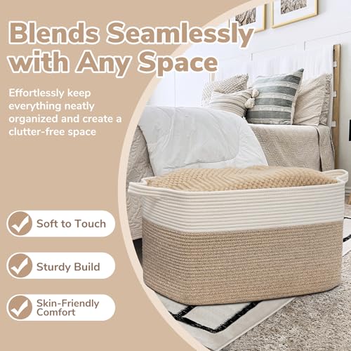 Goodpick Large Woven Blanket Basket, 21.6" x 14.9" x 11.8" Storage Baskets for Organizing, Rectangle Cotton Rope Toy Baske...