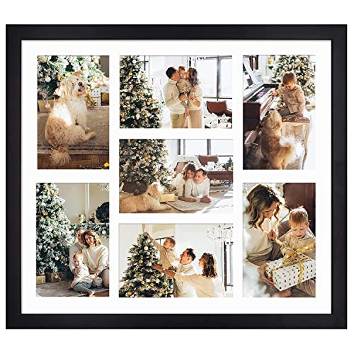 Golden State Art, 13.7x15.7 Matted Black Wood 7-Opening for 4 x 6 Collage Picture Frame