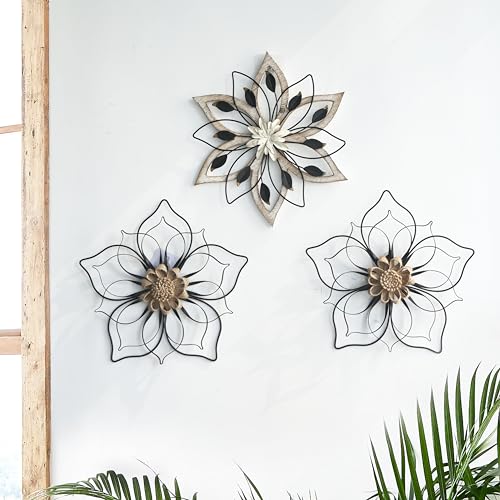Remenna Whitewash Flowers Wood Wall Decor, Metal Rustic Wall Art Farmhouse Wall Decorations Multiple Floral Hanging Decor ...