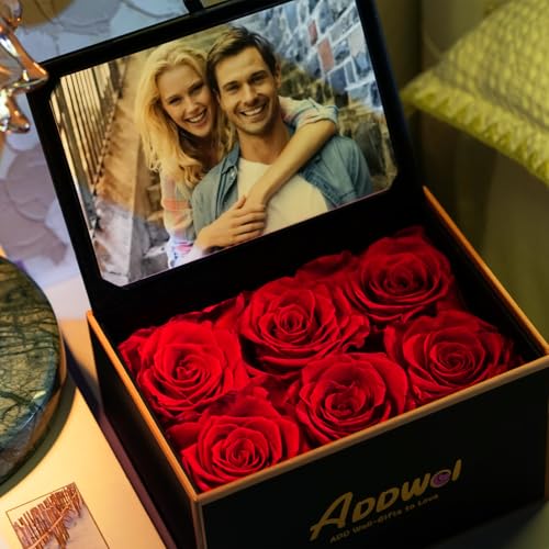ADDWel Preserved Rose Gift Box with 4x6 Photo Frame, Romantic Flower Gifts for Women, Wife or Girlfriend, 6 Eternal Roses ...