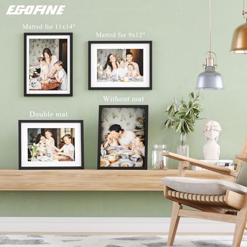 Egofine 12x16 Picture Frame Black, Covered by Plexiglass Made of Solid Wood, Display Pictures 9x12 and 11x14 with Mat or 1...