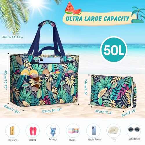 ZENTREON Extra Large Beach Bags for Women, Waterproof Beach Tote Bag with Zipper and Wet Pocket, Foldable Swim Pool Bag