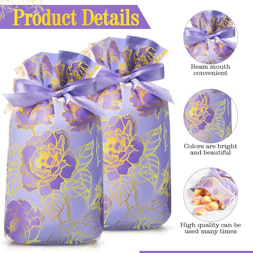 Pasimy 50 Pcs Purple Rose Gift Bag with Drawstring Purple Flowers Party Favor Bags Floral Plastic Candy Goodies Gift Packa...