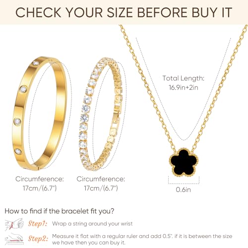 Gold Bracelets Necklace Jewelry Set - 3Pcs 18K Gold Plated Floral Bracelet,Stainless Steel Bangles, Waterproof Non-Tarnish...