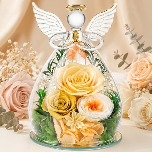 Preserved Rose in Glass Angel Figurine, Mothers Day Gifts for Mom/Wife/Grandma, Forever Flowers Rose Anniversary, Graduati...
