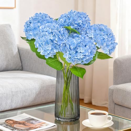 Cherica 6 Pcs Real Touch Blue Hydrangea Artificial Flowers with Stems, Fake Silk Flowers for Outdoors, Artificial Flowers ...