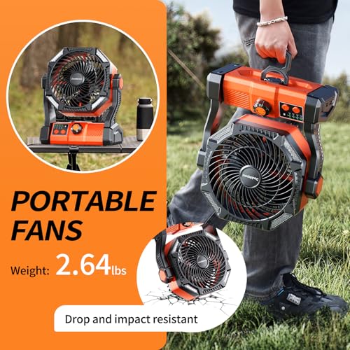 Camping Fan, 20000mAh Rechargeable Battery Powered Outdoor Tent Fan with Light and Hook, 6 Speed, Personal USB Desk Fan fo...