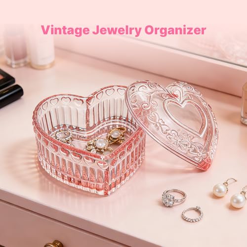 sansaieco Glass Jewelry Box - Crystal Heart Shaped Jewelry Organizer Box, Trinket Box for Rings Earrings, Decorative Jewel...