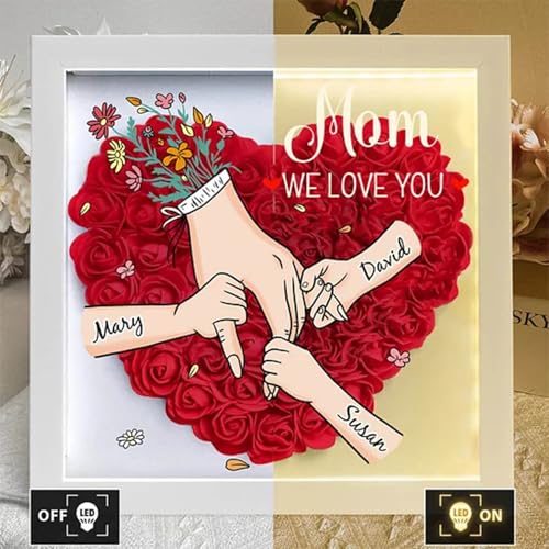 Custom Flower Shadow Box for Mom with Kids Names & Holding Hands, LED Light, Personalized for Mom Grandma from Daughter So...