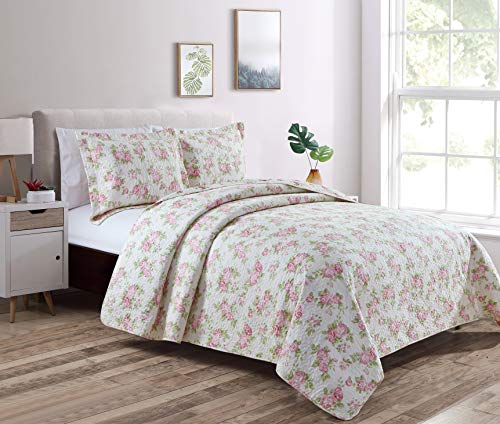 Chezmoi Collection Dakota 3-Piece Printed Pink Rose Cotton Quilt Set - Pink Floral Flower Reversible Stone Washed Lightwei...