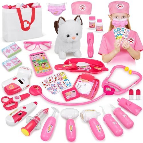 33Pcs Pet Doctor Kit for Toddlers - Dress Up Costume & Pretend Doctor Play Set with Cat Toy, Stethoscope, Portable Pet Vet...