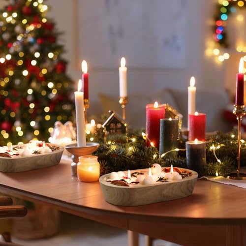 Conelist Rustic Christmas Wood Dough Bowl Candle Table Decor Cabin Bowl Soy Candle Included Dried Oranges, Cranberry, Pine...