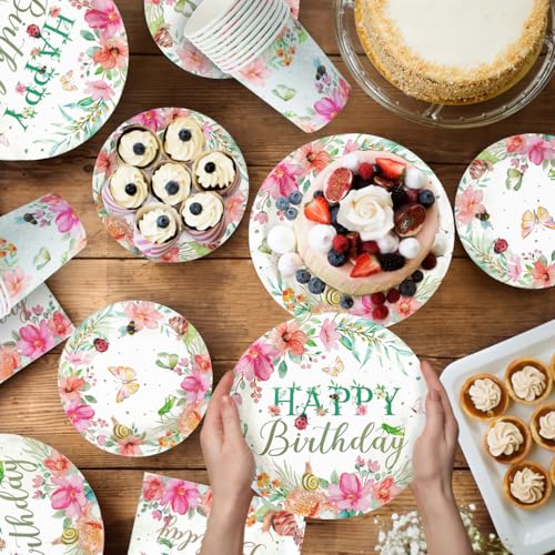 Floral Birthday Party Decorations for Women, Butterfly Party Supplies Includes Flower Plates and Napkins Happy Birthday Ba...