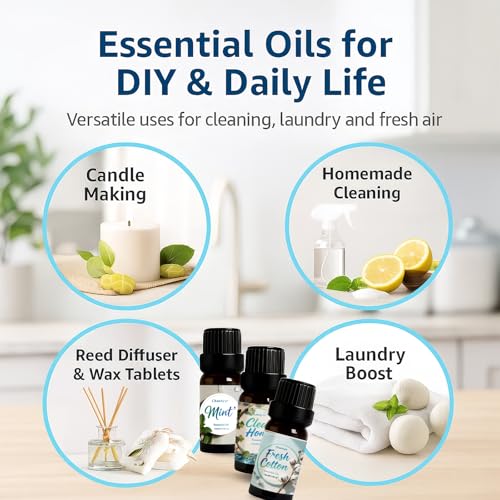 Clean Essential Oils Set 6 x 10ml–Fresh Linen, Mint,Clean Home,Silken Breeze, Fresh Cotton, Floral Soap for Diffuser, Home...