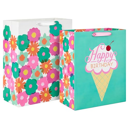 Hallmark Modern Flowers and Ice Cream Birthday Gift Bag Set (2 Bags: 13" Large and 15" Extra Large) for Kids, Teens, Friends