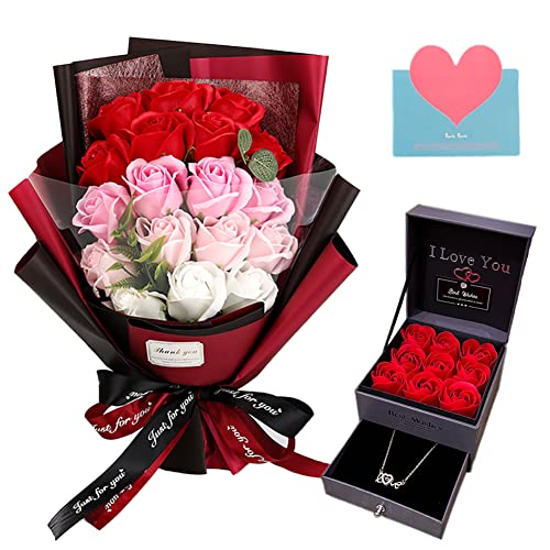 EIGHTOWN Roses Bouquet Artificial Flower - Preserved Red Rose Flowers with Love Necklace for Her - Unique Gifts Valentine'...